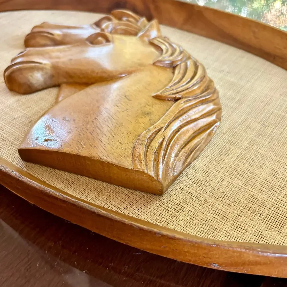 Vintage Carved Wood Horses over Burlp Wall Art in Oval Wooden Rustic Frame